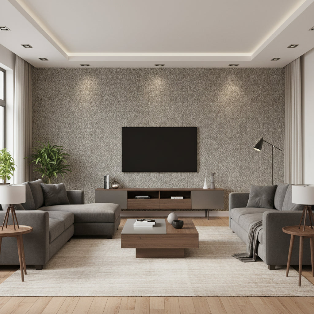 Goldstone - Black & Silver Silver By Cole & Son | Cole & Son Curio |  Wallcovering Print - Living Room Visualization (AI-generated, may not be to scale. Verify pattern scale with product specifications.)