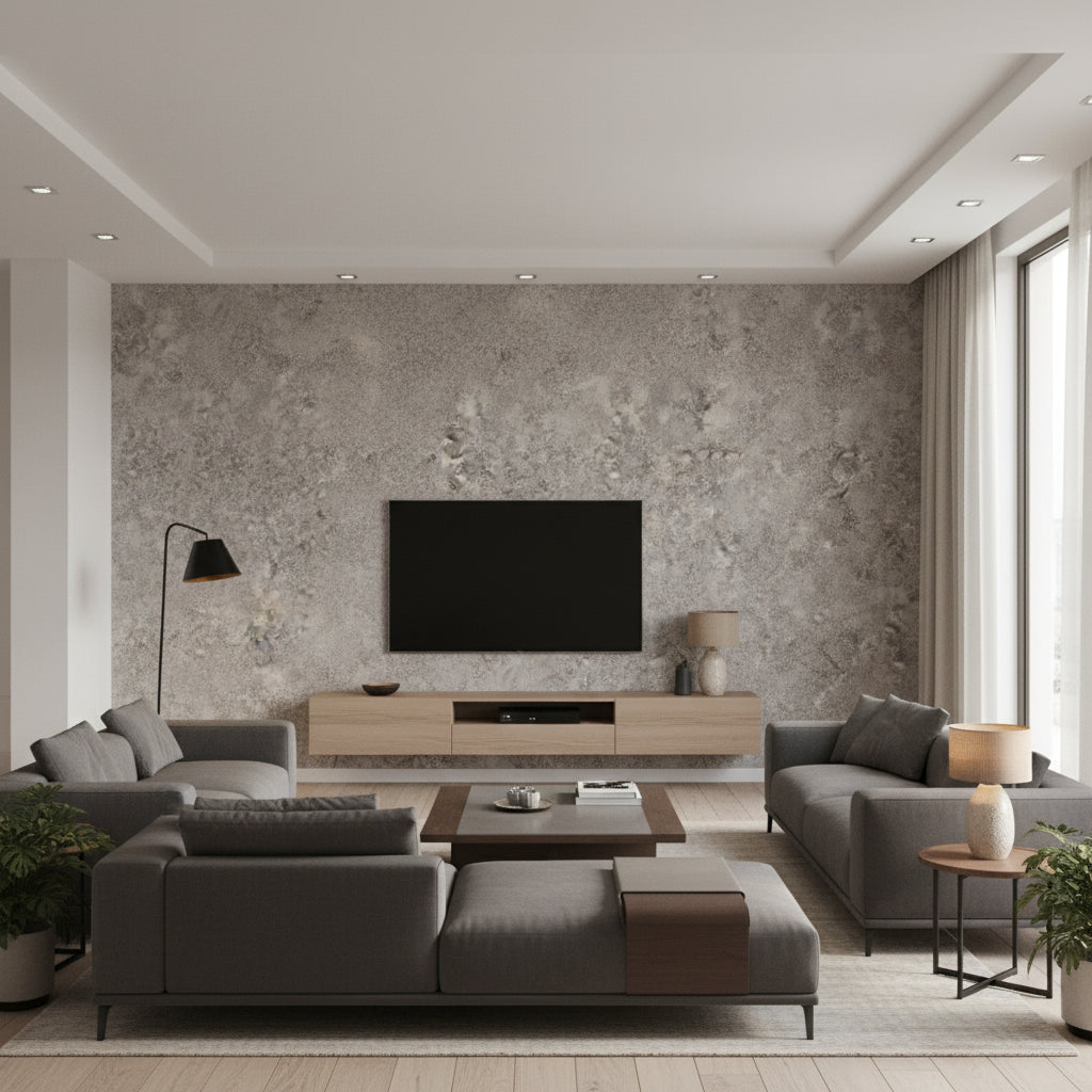 Patina Haze - Taupe Taupe By Cole & Son | Cole & Son Martyn Lawrence Bullard |  Wallcovering Print - Living Room Visualization (AI-generated, may not be to scale. Verify pattern scale with product specifications.)