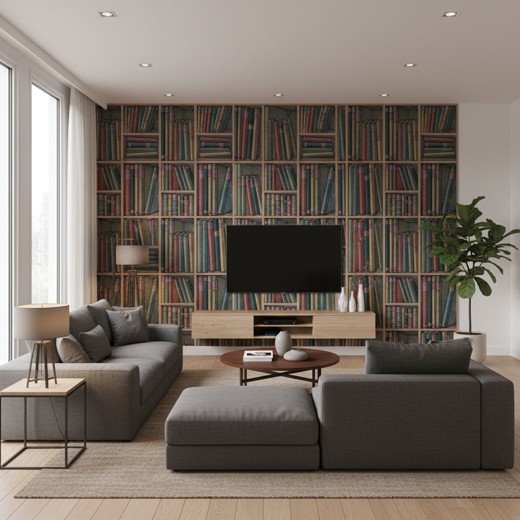 Ex Libris - Forest Multi By Cole & Son | Cole & Son Fornasetti |  Wallcovering Print - Living Room Visualization (AI-generated, may not be to scale. Verify pattern scale with product specifications.)