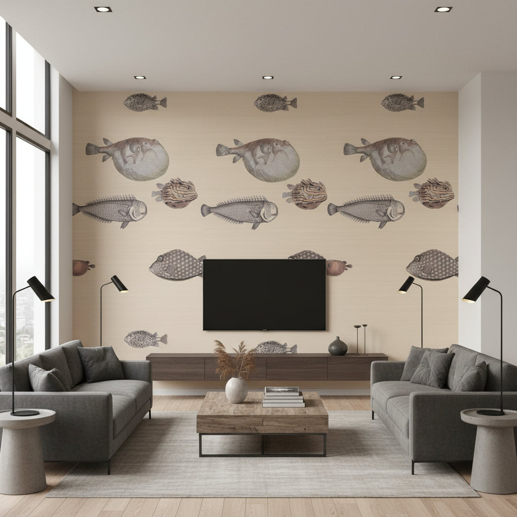 Acquario - Taupe Taupe By Cole & Son | Cole & Son Fornasetti Senza Tempo |  Wallcovering Print - Living Room Visualization (AI-generated, may not be to scale. Verify pattern scale with product specifications.)