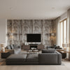 Ex Libris - Stone/Linen Beige By Cole & Son | Cole & Son Fornasetti Senza Tempo |  Wallcovering Print - Living Room Visualization (AI-generated, may not be to scale. Verify pattern scale with product specifications.)