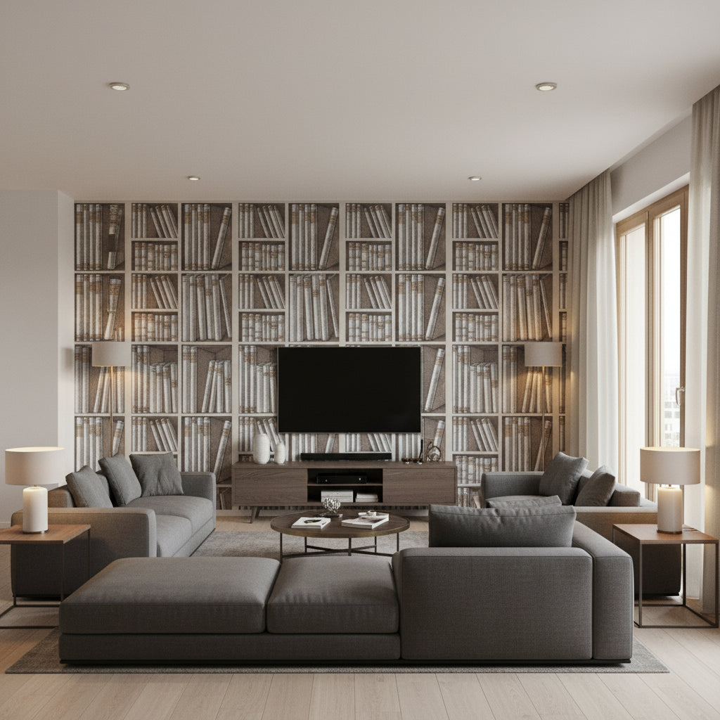 Ex Libris - Stone/Linen Beige By Cole & Son | Cole & Son Fornasetti Senza Tempo |  Wallcovering Print - Living Room Visualization (AI-generated, may not be to scale. Verify pattern scale with product specifications.)