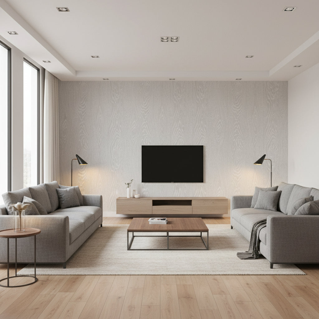 Wood Grain - Grey Light Grey By Cole & Son | Cole & Son Curio |  Wallcovering Print - Living Room Visualization (AI-generated, may not be to scale. Verify pattern scale with product specifications.)