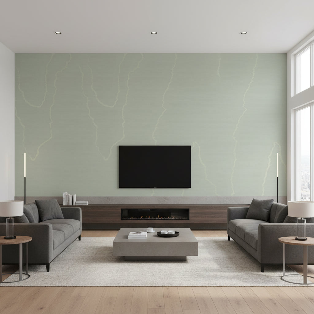 Watered Silk - Sage Sage By Cole & Son | Cole & Son Landscape Plains |  Wallcovering Print - Living Room Visualization (AI-generated, may not be to scale. Verify pattern scale with product specifications.)