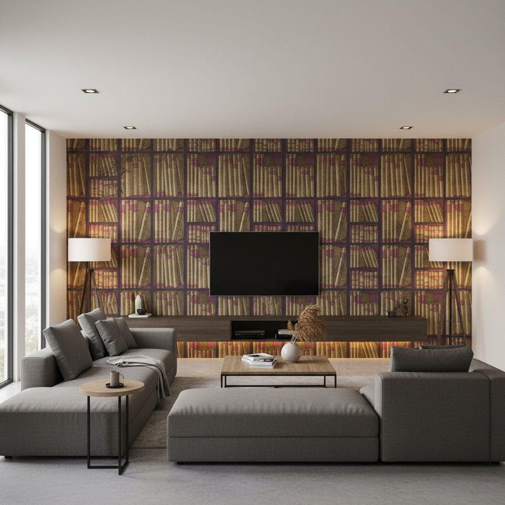 Ex Libris - Gold/Magenta Multi By Cole & Son | Cole & Son Fornasetti Senza Tempo |  Wallcovering Print - Living Room Visualization (AI-generated, may not be to scale. Verify pattern scale with product specifications.)