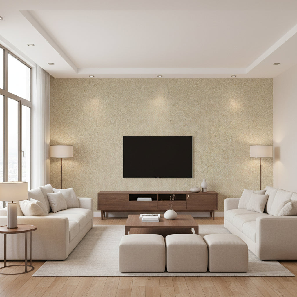 Goldstone - Stone & Gilver Metallic By Cole & Son | Cole & Son Curio |  Wallcovering Print - Living Room Visualization (AI-generated, may not be to scale. Verify pattern scale with product specifications.)