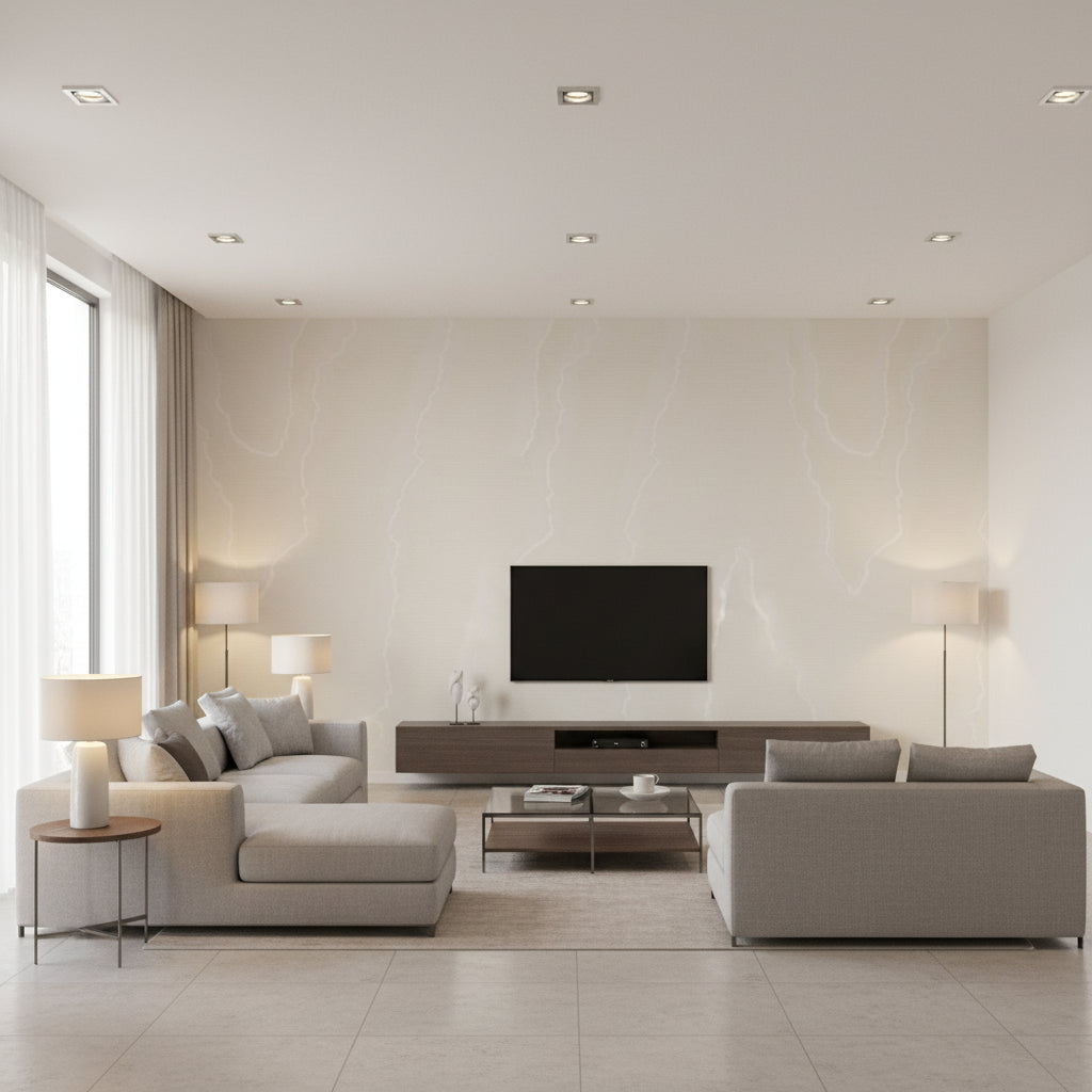 Watered Silk - Ivory Ivory By Cole & Son | Cole & Son Landscape Plains |  Wallcovering Print - Living Room Visualization (AI-generated, may not be to scale. Verify pattern scale with product specifications.)