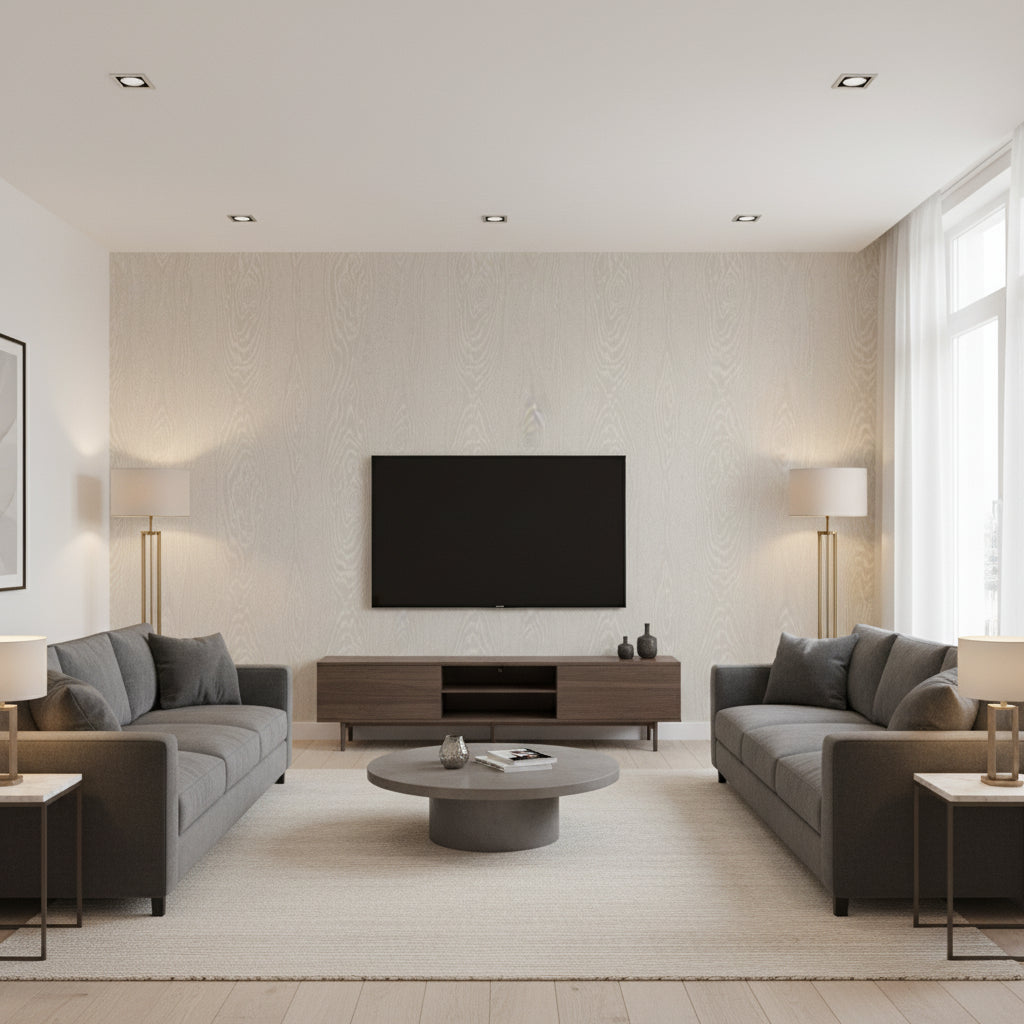 Wood Grain - Stone Beige By Cole & Son | Cole & Son Curio |  Wallcovering Print - Living Room Visualization (AI-generated, may not be to scale. Verify pattern scale with product specifications.)