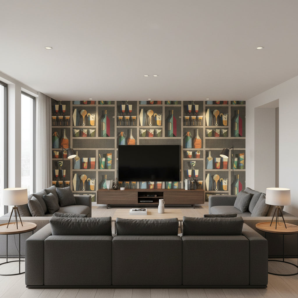 Cocktails - Multi Multi By Cole & Son | Cole & Son Fornasetti Senza Tempo |  Wallcovering Print - Living Room Visualization (AI-generated, may not be to scale. Verify pattern scale with product specifications.)