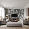 Cocktails - Soot/Snow Grey By Cole & Son | Cole & Son Fornasetti Senza Tempo |  Wallcovering Print - Living Room Visualization (AI-generated, may not be to scale. Verify pattern scale with product specifications.)