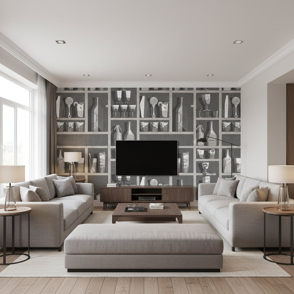 Cocktails - Soot/Snow Grey By Cole & Son | Cole & Son Fornasetti Senza Tempo |  Wallcovering Print - Living Room Visualization (AI-generated, may not be to scale. Verify pattern scale with product specifications.)