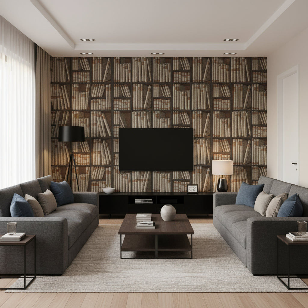 Ex Libris - Oat/Charcoal Camel By Cole & Son | Cole & Son Fornasetti Senza Tempo |  Wallcovering Print - Living Room Visualization (AI-generated, may not be to scale. Verify pattern scale with product specifications.)