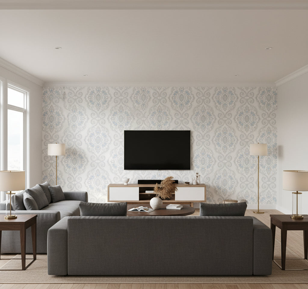 Nautical Damask Blue Oasis | Architectural Wallcoverings - Living Room Visualization (AI-generated, may not be to scale. Verify pattern scale with product specifications.)