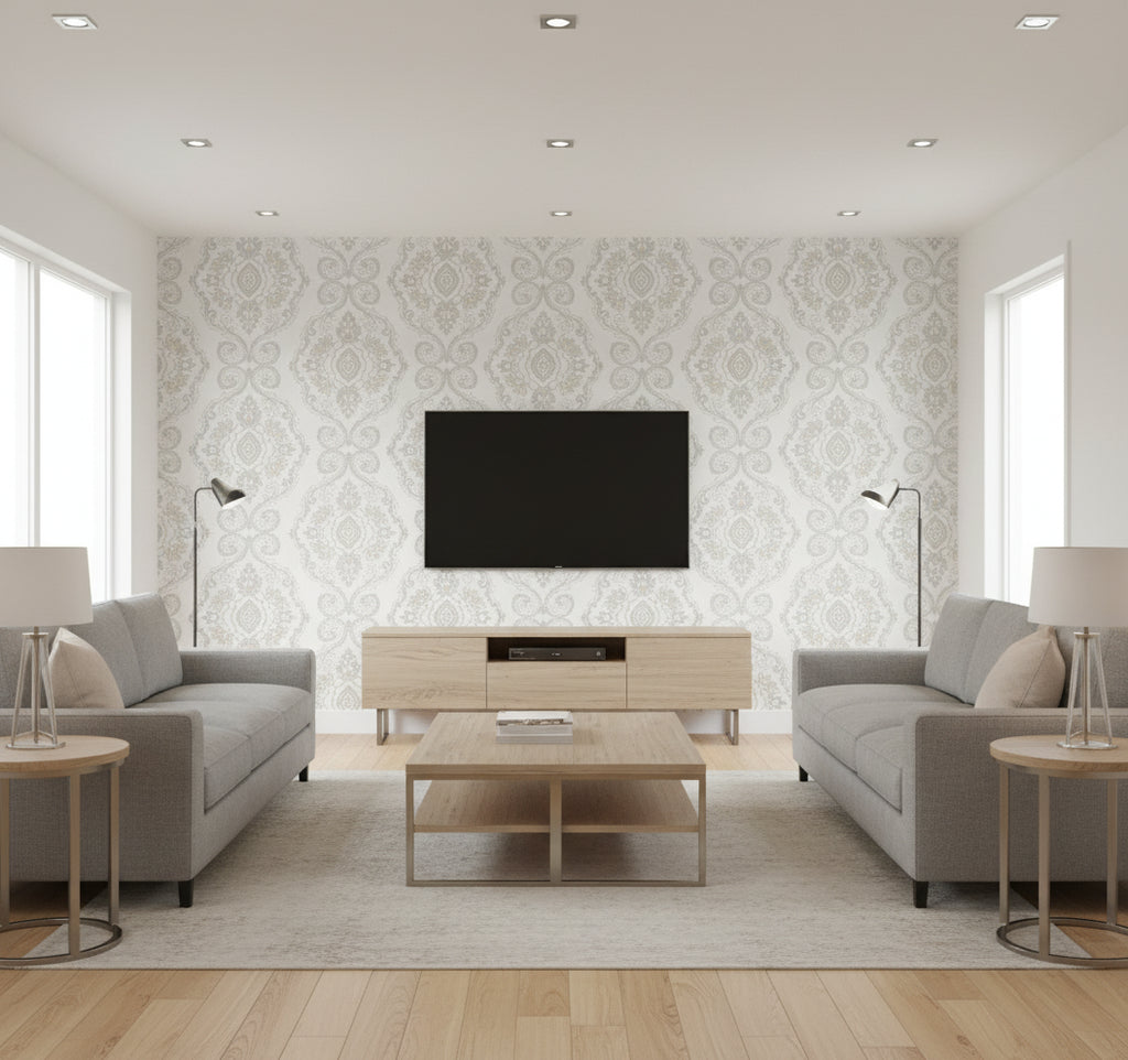 Nautical Damask Sand Dunes | Architectural Wallcoverings - Living Room Visualization (AI-generated, may not be to scale. Verify pattern scale with product specifications.)