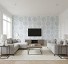 Nautical Damask Coastal Blue | Architectural Wallcoverings - Living Room Visualization (AI-generated, may not be to scale. Verify pattern scale with product specifications.)