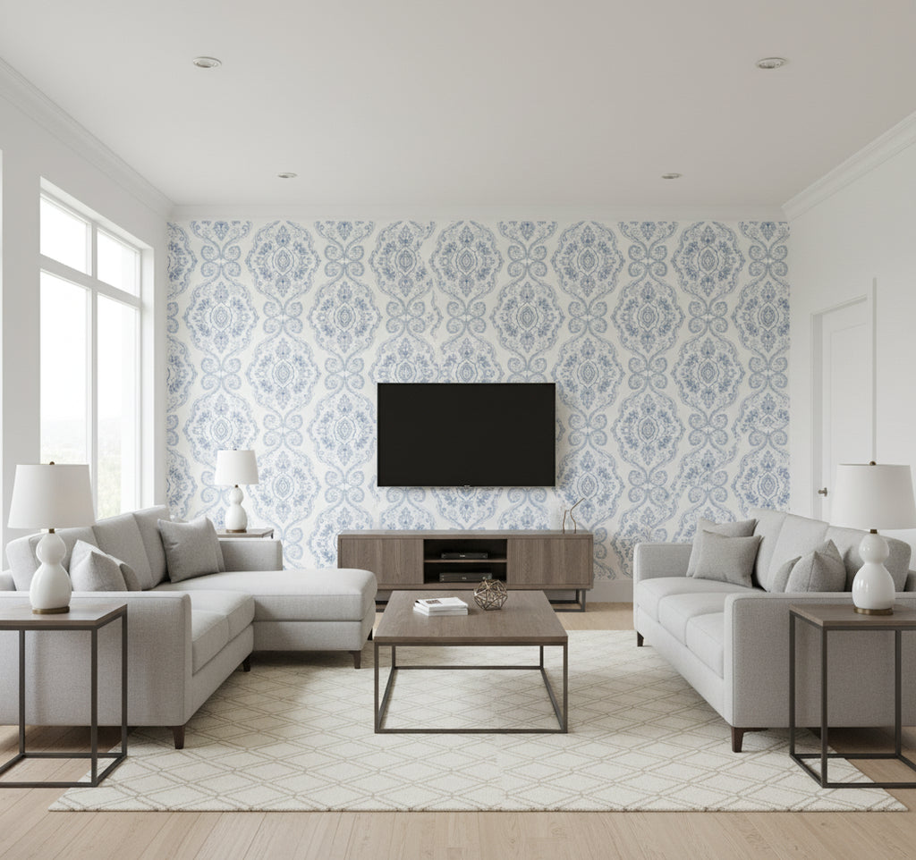 Nautical Damask Coastal Blue | Architectural Wallcoverings - Living Room Visualization (AI-generated, may not be to scale. Verify pattern scale with product specifications.)