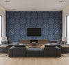 Nautical Damask Nautical Blue | Architectural Wallcoverings - Living Room Visualization (AI-generated, may not be to scale. Verify pattern scale with product specifications.)