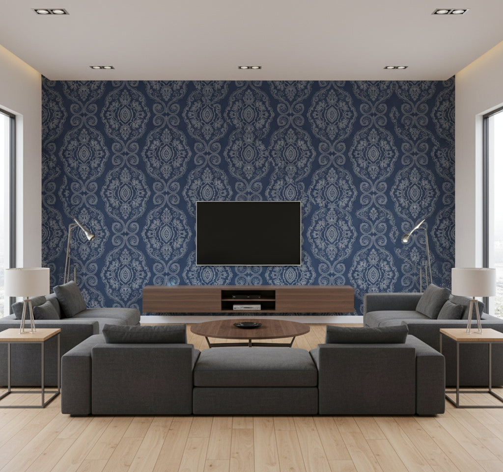 Nautical Damask Nautical Blue | Architectural Wallcoverings - Living Room Visualization (AI-generated, may not be to scale. Verify pattern scale with product specifications.)