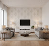 Sand Dollar Stripe Black Sands | Architectural Wallcoverings - Living Room Visualization (AI-generated, may not be to scale. Verify pattern scale with product specifications.)