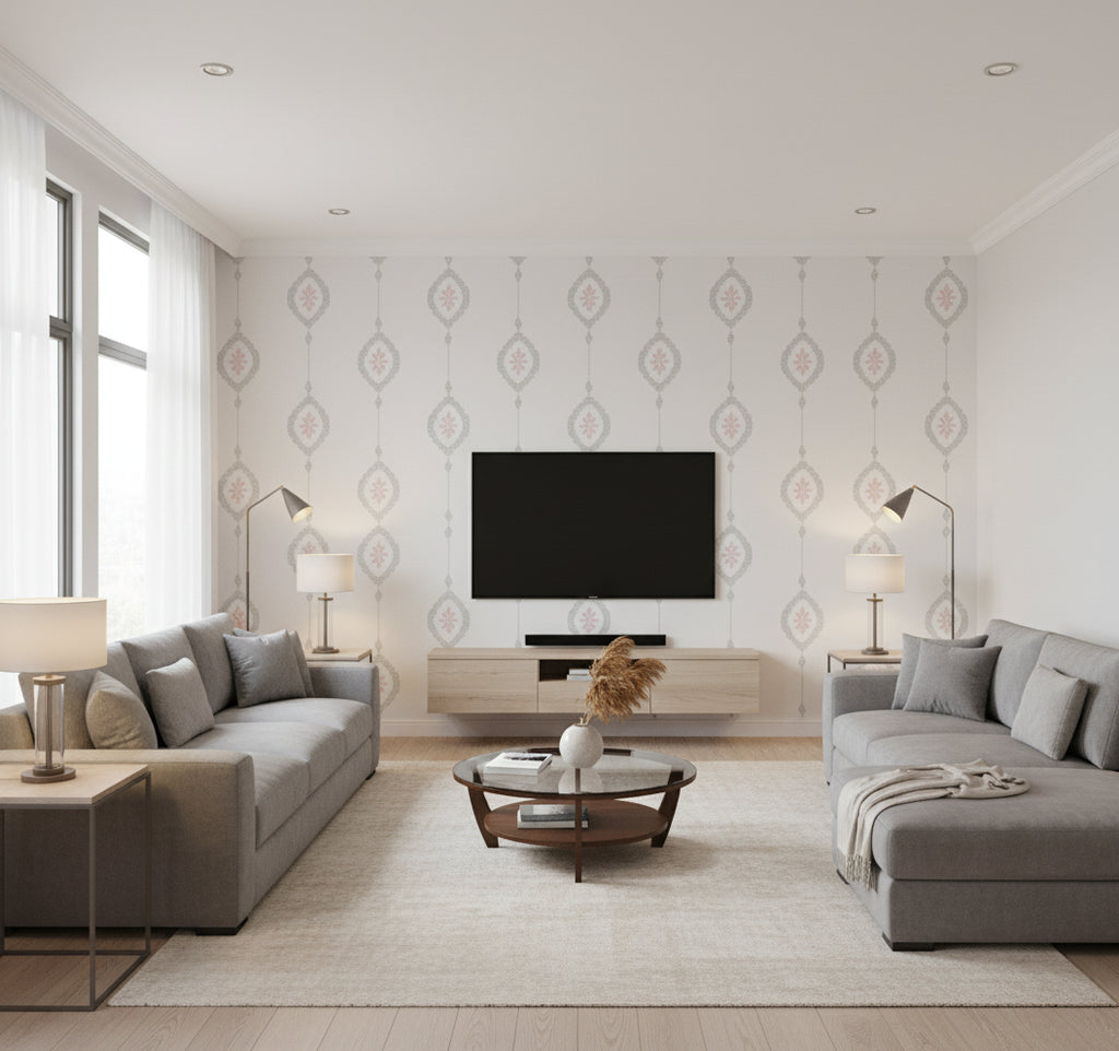 Sand Dollar Stripe Pink Sunset | Architectural Wallcoverings - Living Room Visualization (AI-generated, may not be to scale. Verify pattern scale with product specifications.)
