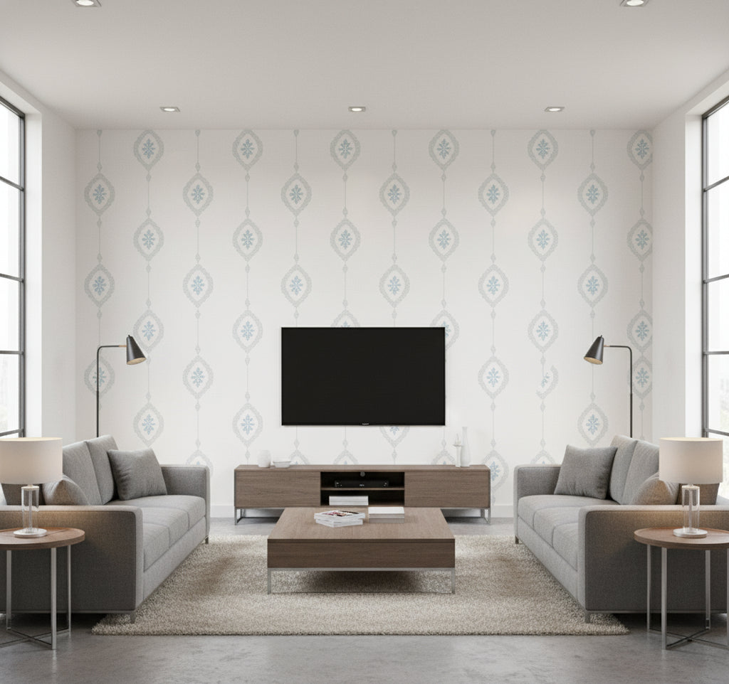 Sand Dollar Stripe Blue Oasis | Architectural Wallcoverings - Living Room Visualization (AI-generated, may not be to scale. Verify pattern scale with product specifications.)