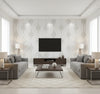 Sand Dollar Stripe Sand Dunes | Architectural Wallcoverings - Living Room Visualization (AI-generated, may not be to scale. Verify pattern scale with product specifications.)