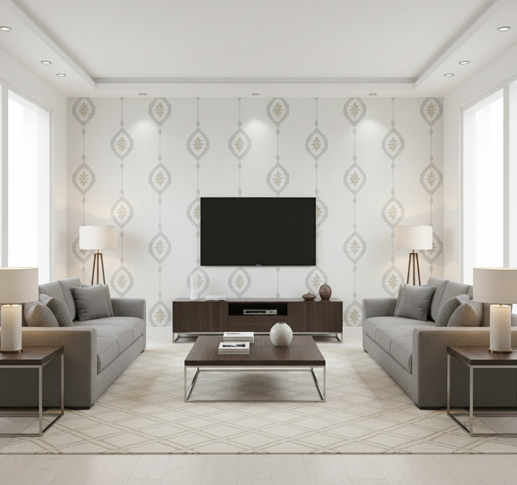 Sand Dollar Stripe Sand Dunes | Architectural Wallcoverings - Living Room Visualization (AI-generated, may not be to scale. Verify pattern scale with product specifications.)