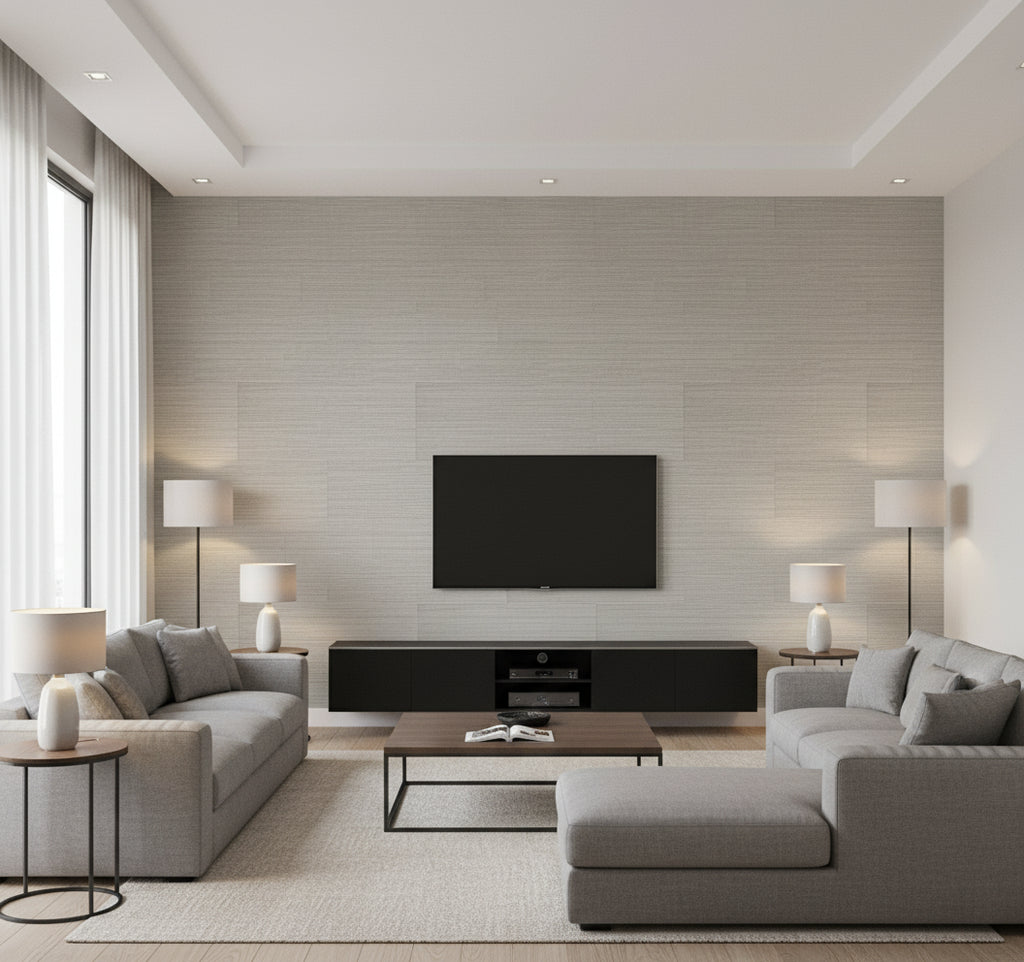 Beachgrass Black Sands | Architectural Wallcoverings - Living Room Visualization (AI-generated, may not be to scale. Verify pattern scale with product specifications.)