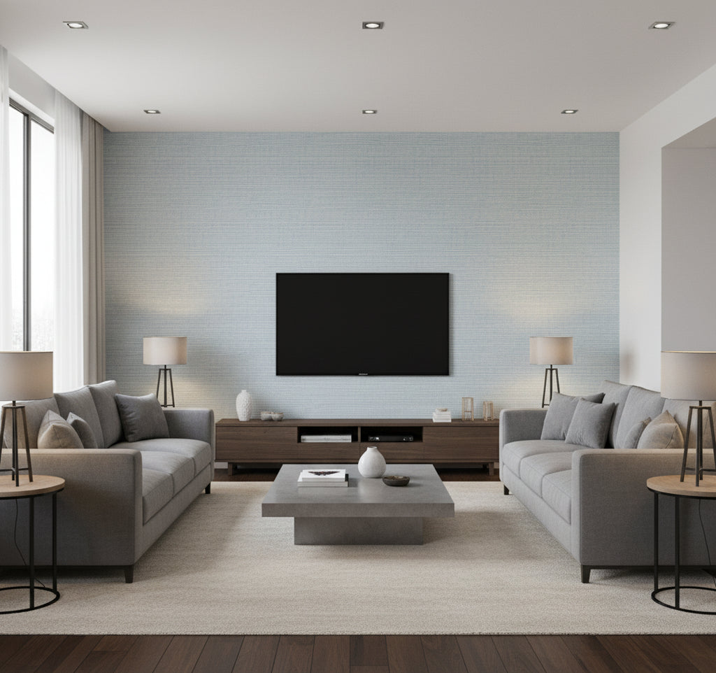 Beachgrass Blue Oasis | Architectural Wallcoverings - Living Room Visualization (AI-generated, may not be to scale. Verify pattern scale with product specifications.)