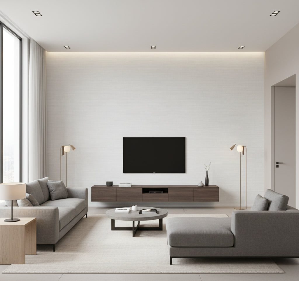 Beachgrass White Sands | Architectural Wallcoverings - Living Room Visualization (AI-generated, may not be to scale. Verify pattern scale with product specifications.)
