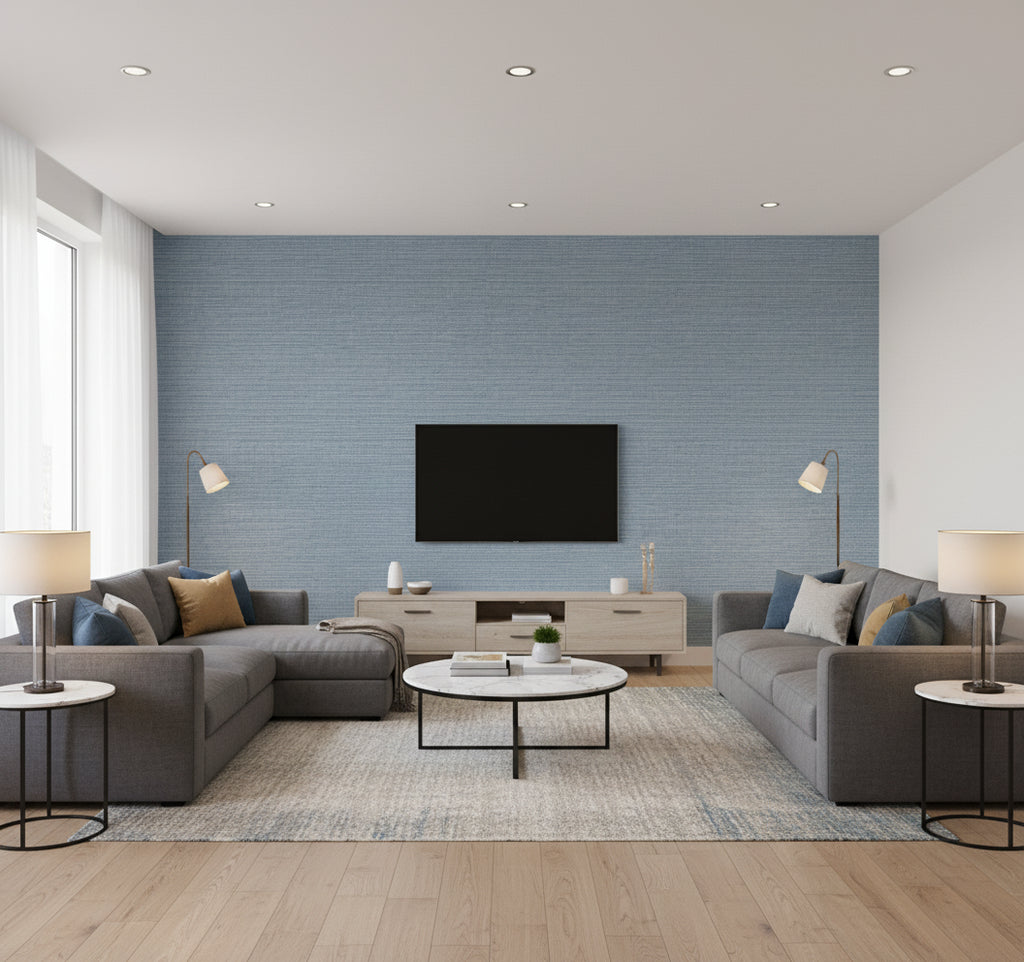 Beachgrass Coastal Blue | Architectural Wallcoverings - Living Room Visualization (AI-generated, may not be to scale. Verify pattern scale with product specifications.)