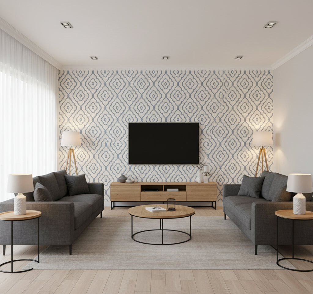 Seaside Ogee Blue Oasis | Architectural Wallcoverings - Living Room Visualization (AI-generated, may not be to scale. Verify pattern scale with product specifications.)