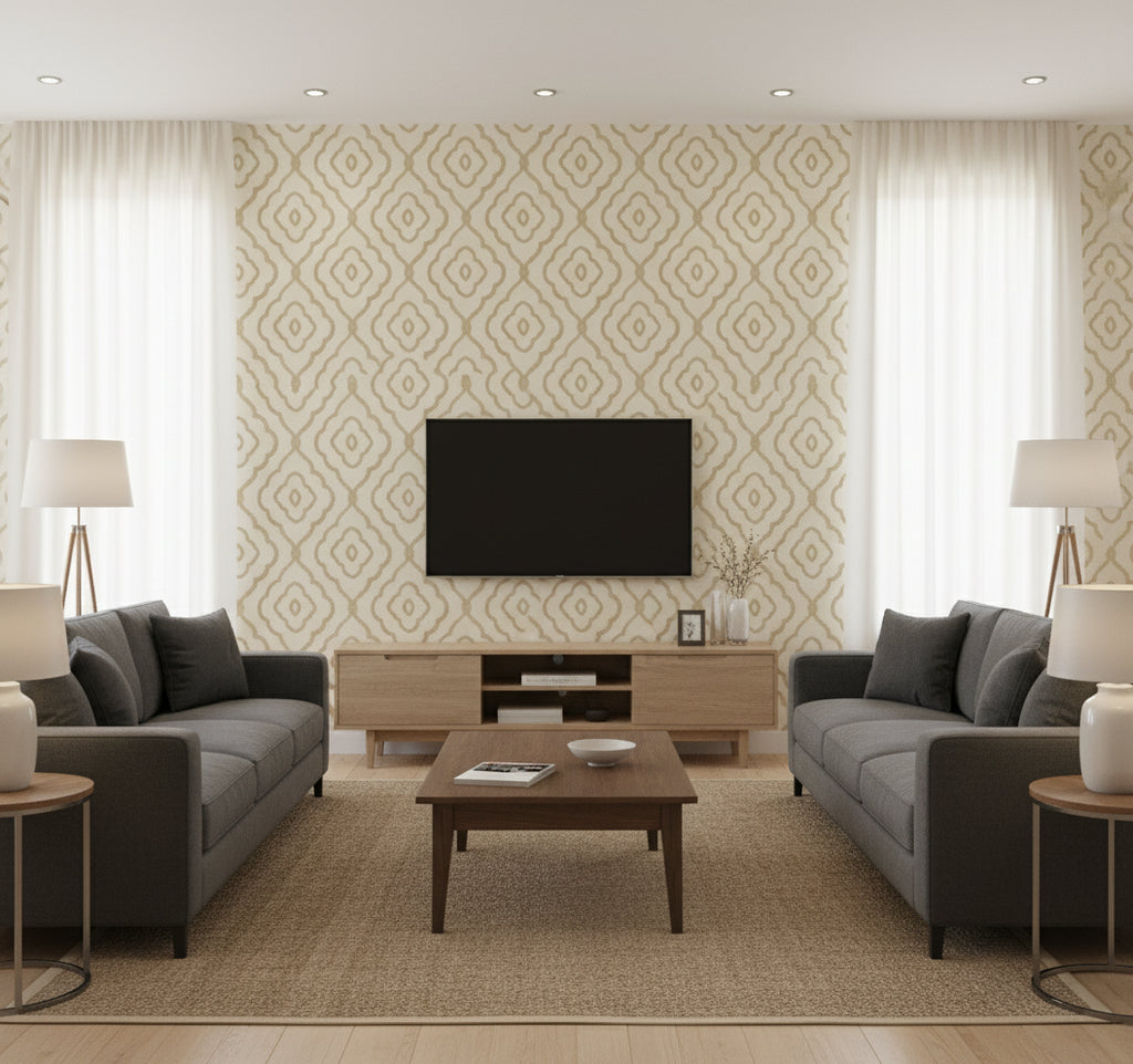 Seaside Ogee Sand Dunes | Architectural Wallcoverings - Living Room Visualization (AI-generated, may not be to scale. Verify pattern scale with product specifications.)