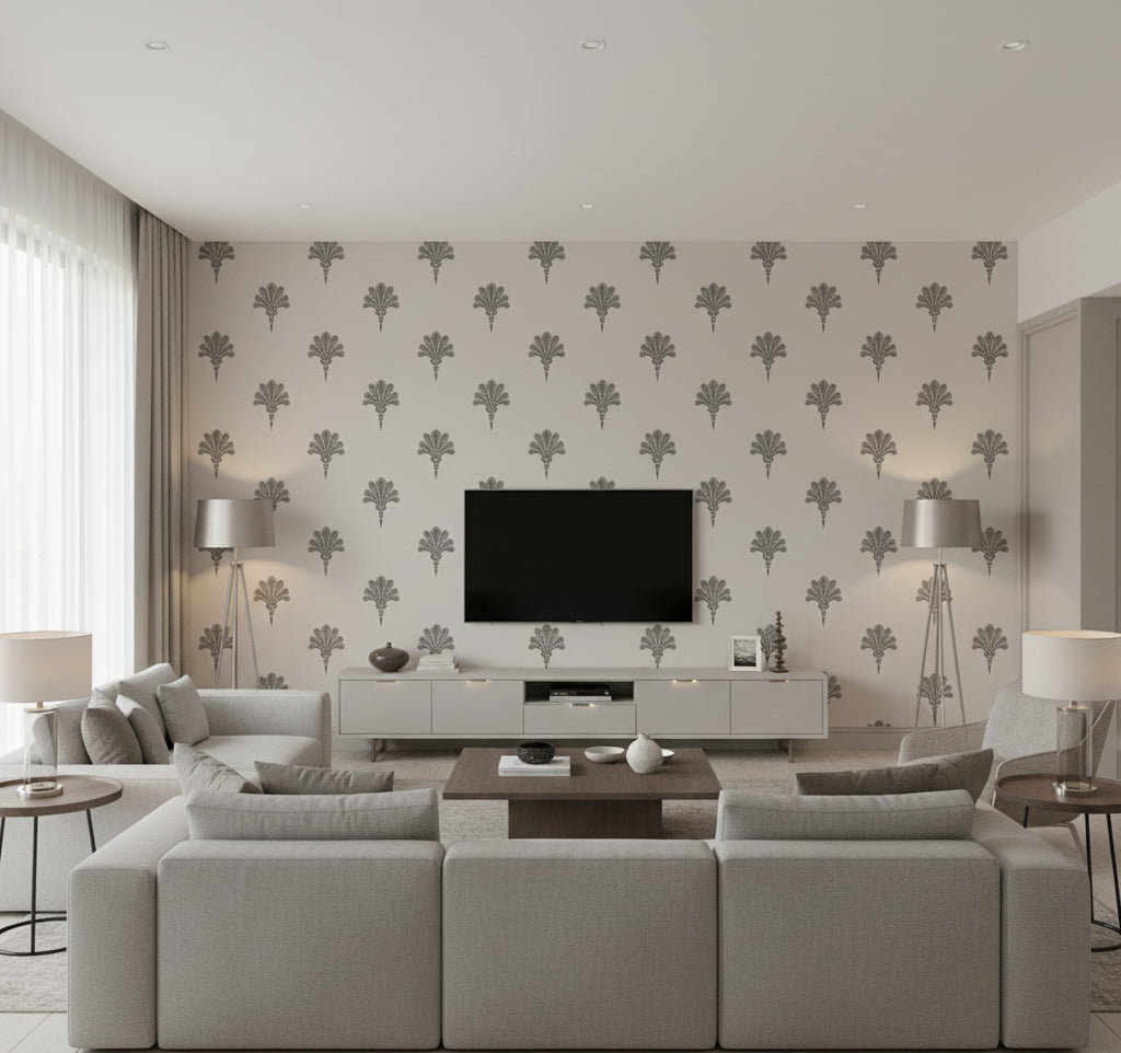 Summer Fan Black Sands | Architectural Wallcoverings - Living Room Visualization (AI-generated, may not be to scale. Verify pattern scale with product specifications.)