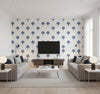 Summer Fan Coastal Blue | Architectural Wallcoverings - Living Room Visualization (AI-generated, may not be to scale. Verify pattern scale with product specifications.)