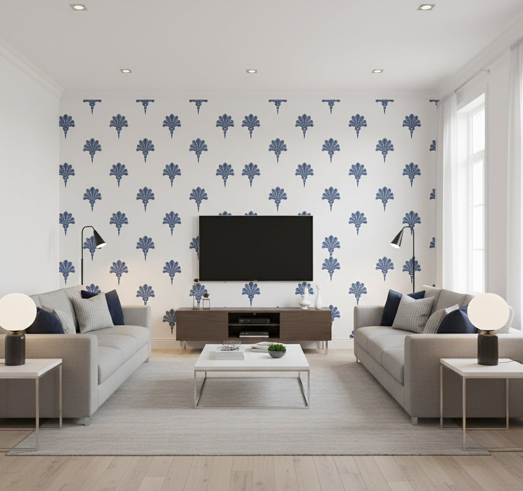 Summer Fan Coastal Blue | Architectural Wallcoverings - Living Room Visualization (AI-generated, may not be to scale. Verify pattern scale with product specifications.)
