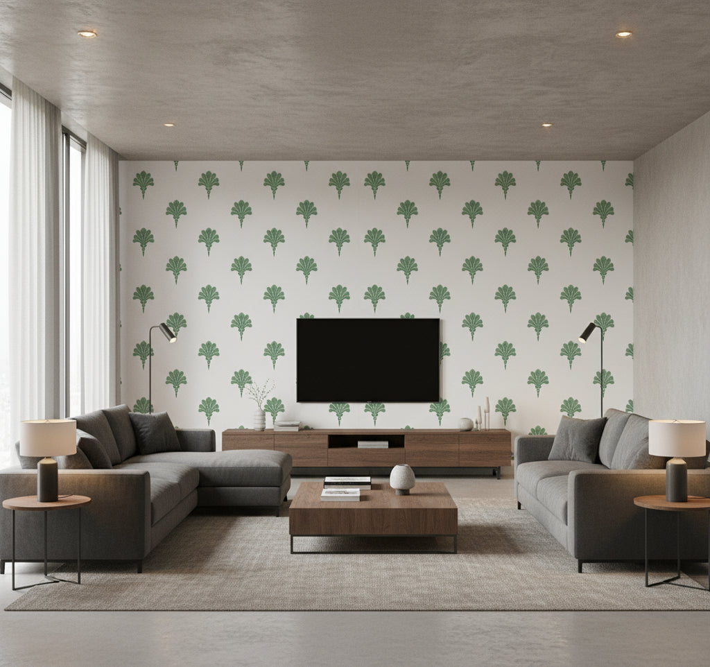 Summer Fan Greenery | Architectural Wallcoverings - Living Room Visualization (AI-generated, may not be to scale. Verify pattern scale with product specifications.)