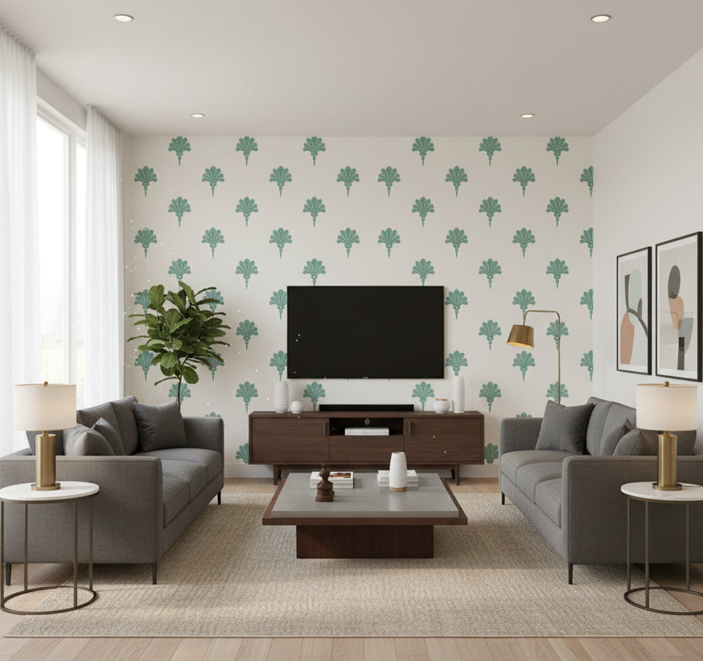 Summer Fan Tropic Green | Architectural Wallcoverings - Living Room Visualization (AI-generated, may not be to scale. Verify pattern scale with product specifications.)