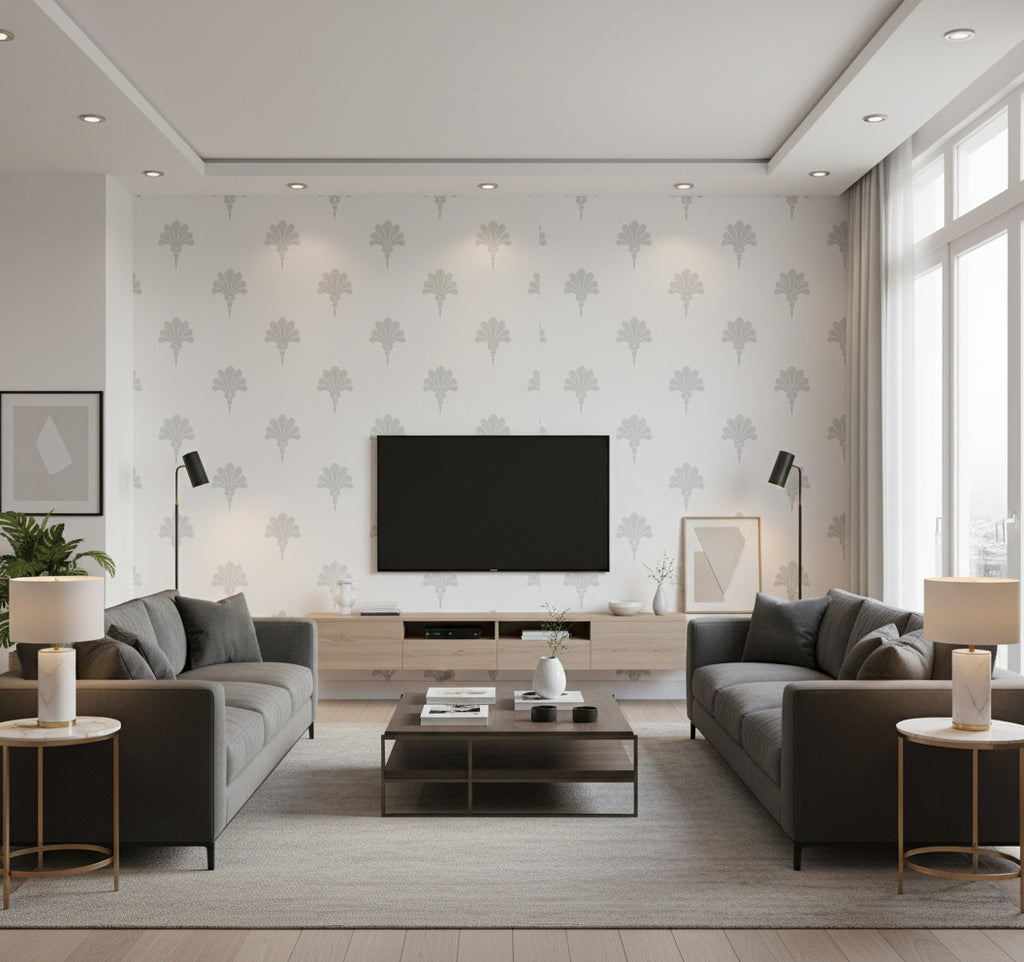 Summer Fan Daydream Gray | Architectural Wallcoverings - Living Room Visualization (AI-generated, may not be to scale. Verify pattern scale with product specifications.)