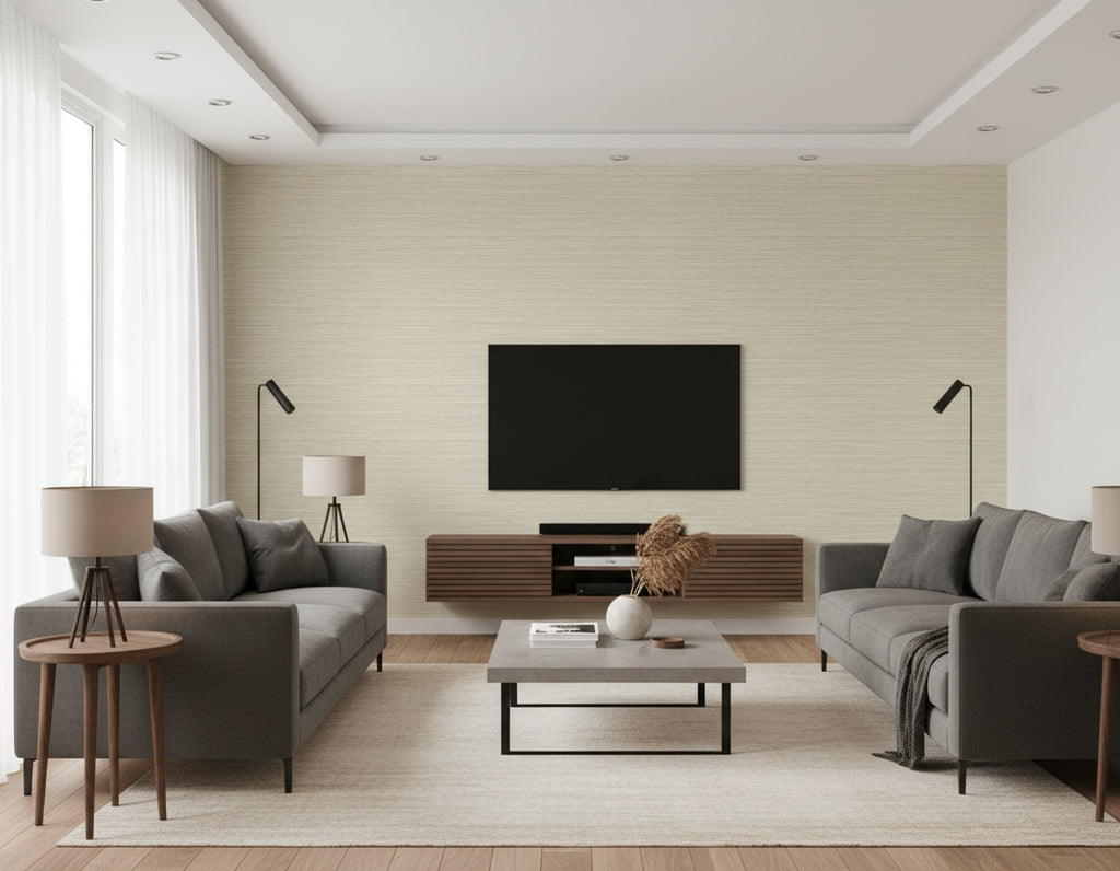 Nautical Twine Stringcloth Sand Dunes | Architectural Wallcoverings - Living Room Visualization (AI-generated, may not be to scale. Verify pattern scale with product specifications.)