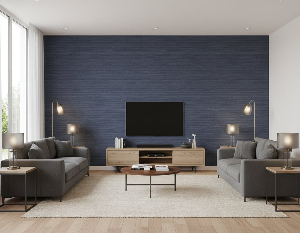 Nautical Twine Stringcloth Coastal Faux Grasscloth Coastal Blue | Architectural Wallcoverings - Living Room Visualization (AI-generated, may not be to scale. Verify pattern scale with product specifications.)