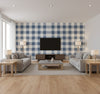 Picnic Plaid Coastal Plaid Coastal Blue | Architectural Wallcoverings - Living Room Visualization (AI-generated, may not be to scale. Verify pattern scale with product specifications.)