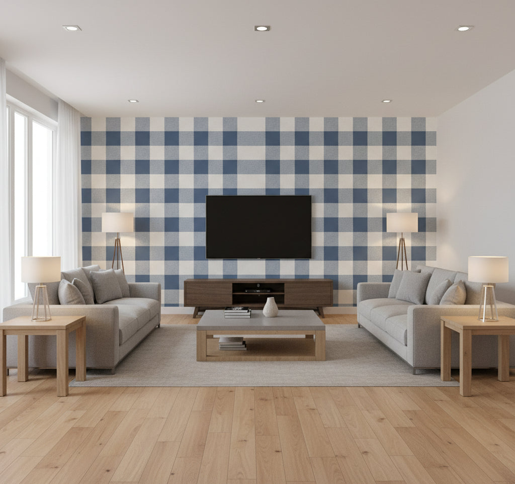 Picnic Plaid Coastal Plaid Coastal Blue | Architectural Wallcoverings - Living Room Visualization (AI-generated, may not be to scale. Verify pattern scale with product specifications.)