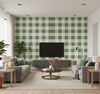 Picnic Plaid Coastal Plaid Greenery | Architectural Wallcoverings - Living Room Visualization (AI-generated, may not be to scale. Verify pattern scale with product specifications.)