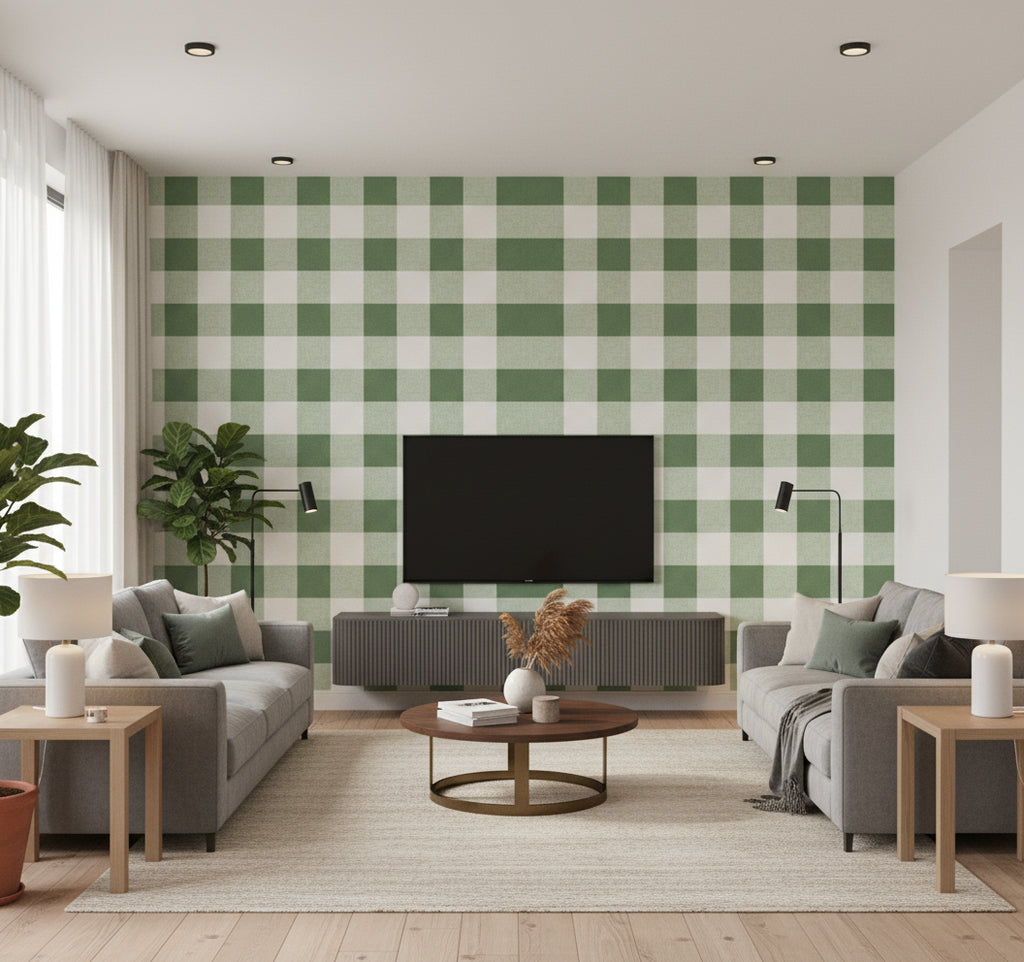 Picnic Plaid Coastal Plaid Greenery | Architectural Wallcoverings - Living Room Visualization (AI-generated, may not be to scale. Verify pattern scale with product specifications.)