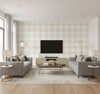 Picnic Plaid Coastal Plaid Sand Dunes | Architectural Wallcoverings - Living Room Visualization (AI-generated, may not be to scale. Verify pattern scale with product specifications.)