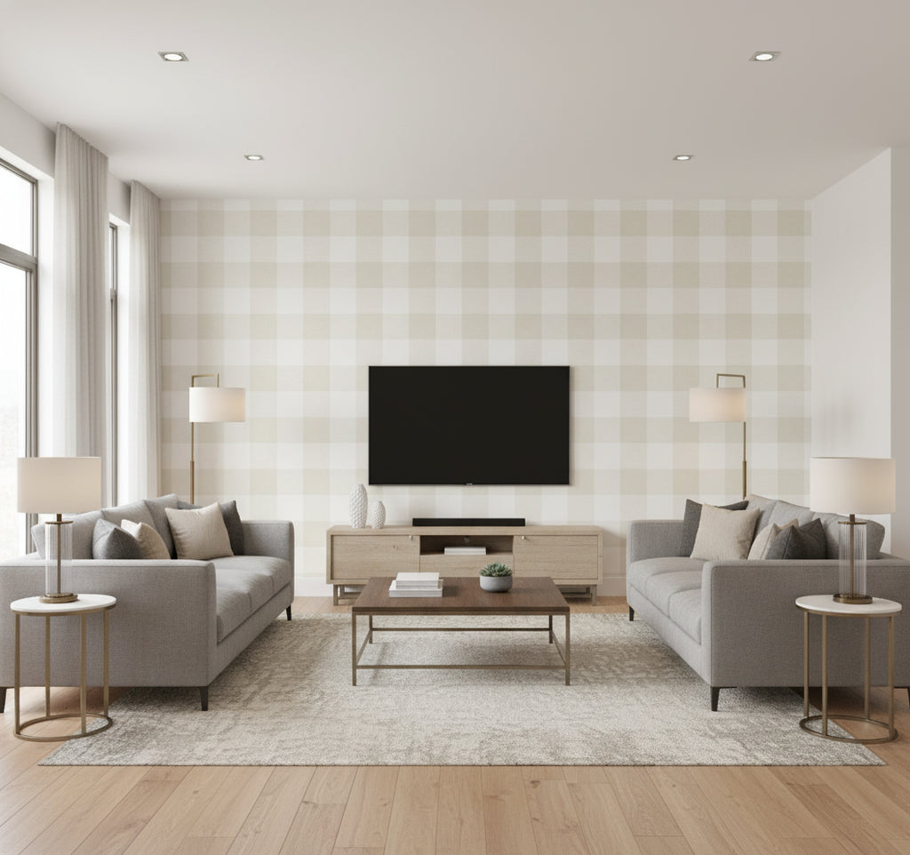 Picnic Plaid Coastal Plaid Sand Dunes | Architectural Wallcoverings - Living Room Visualization (AI-generated, may not be to scale. Verify pattern scale with product specifications.)