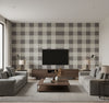 Picnic Plaid Coastal Plaid Black Sands | Architectural Wallcoverings - Living Room Visualization (AI-generated, may not be to scale. Verify pattern scale with product specifications.)