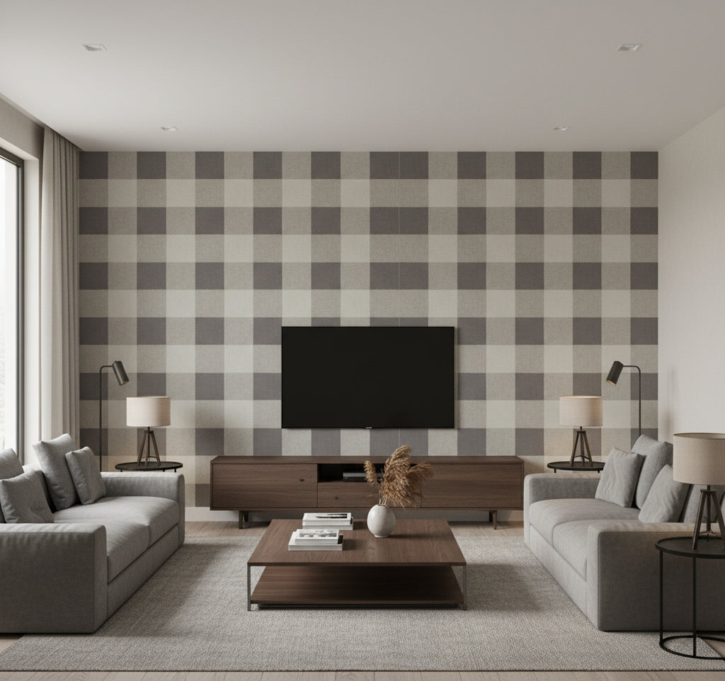 Picnic Plaid Coastal Plaid Black Sands | Architectural Wallcoverings - Living Room Visualization (AI-generated, may not be to scale. Verify pattern scale with product specifications.)