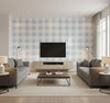 Picnic Plaid Coastal Plaid Blue Oasis | Architectural Wallcoverings - Living Room Visualization (AI-generated, may not be to scale. Verify pattern scale with product specifications.)